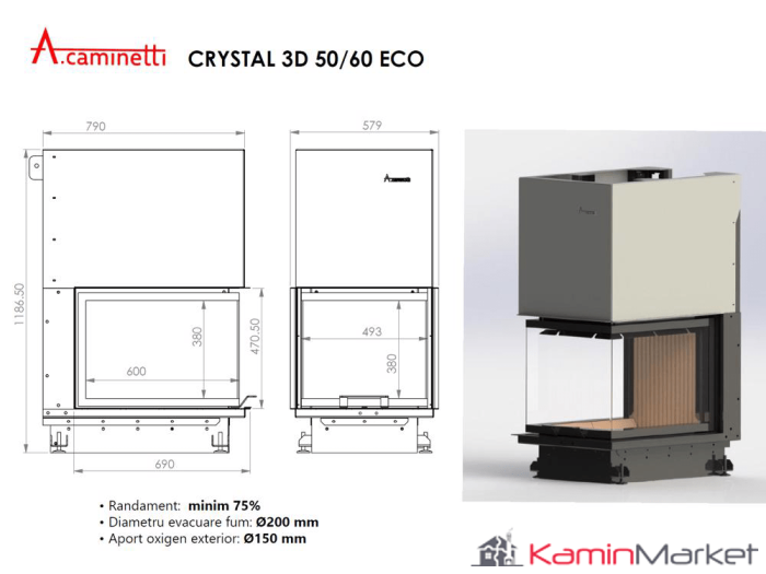 A-caminetti CRYSTAL 3D 50/60 ECO - Focar Semineu 3 laturi vitrate